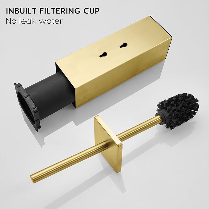 JOVYXIE Brushed Gold Stainless Steel Square Toilet Brush with Metal Lid Dual-Use Toilet Brush Holder with Drilled + Drill-Free Hook Base Includes Removable Inner Bucket (Brushed Gold)