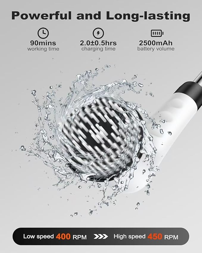 Electric Spin Scrubber, IP67 Waterproof Cordless Power Scrubber with Power LCD Display, 7 Replaceable Cleaning Brush Heads Dual Speed, Adjustable & Detachable Long Handle, Bathroom, Shower, Tub