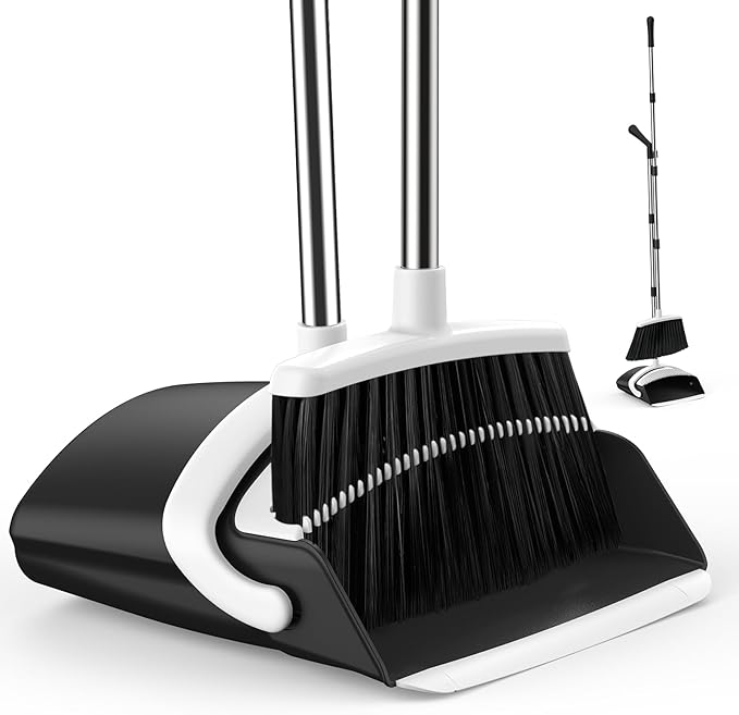 EZKEY Broom and Dustpan Set for Home, 51-in Long Adjustable Handle Angle Broom and Dustpan Combo Set with Dust Pan Teeth to Clean Hair for Home Kitchen Office Lobby Floor Garden (Black&White)