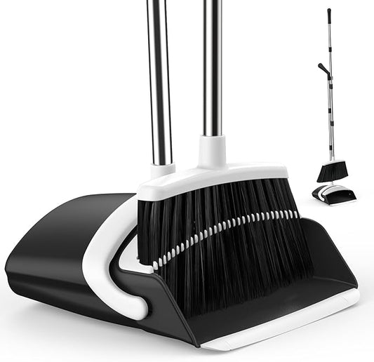 EZKEY Broom and Dustpan Set for Home, 51-in Long Adjustable Handle Angle Broom and Dustpan Combo Set with Dust Pan Teeth to Clean Hair for Home Kitchen Office Lobby Floor Garden (Black&White)