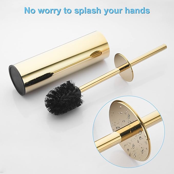 Kelirol Toilet Brush and Holder Set Gold Stainless Steel, 304 Heavy Duty Round Toilet Brush Set – Rust Resistant, Long Handle, Replacement Heads, Floor Standing Bathroom Toilet Cleaning Brush