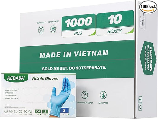 Kebada Nitrile Gloves D1, Nitrile Disposable Gloves for Cleaning, Food Prep, Industrial Grade, Non-Sterile, Food Safe, Powder & Latex Free, Touchscreen, Blue, 1000 CT, Medium (Made in Vietnam)