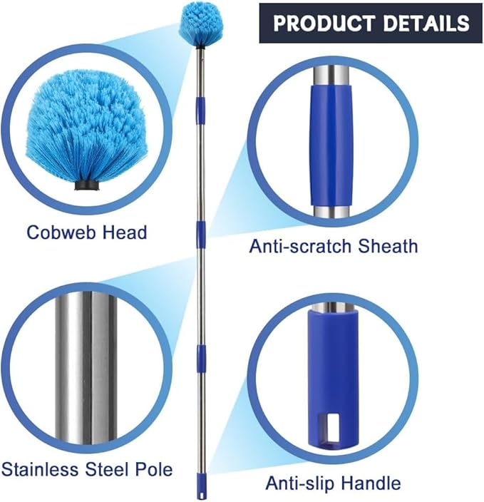 Extended Reach Cobweb Duster with 4-Foot Pole - Medium Bristle Brush for Ceiling, Wall, and Indoor/Outdoor Cleaning, Lightweight Stainless Steel (4FT)