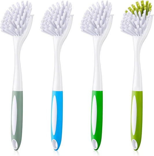 Didaey Dish Brush with Handle Kitchen Scrub Brush Pot and Pan Cleaning Dish Scrubber with Stiff Bristle for Cookware Sink Washing Household, 4 Colors, 11.02 x 3.15 x 0.98 Inch(4 Pcs)