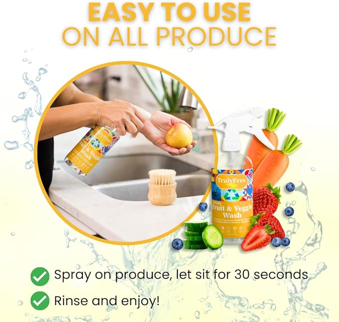 Truly Free Natural Fruit and Veggie Wash Kit - Produce Cleaner Spray (16oz Reusable Empty Bottle + Two Pouches, 3oz ea.) - DIY Vegetable Washer & Fruit Cleanser