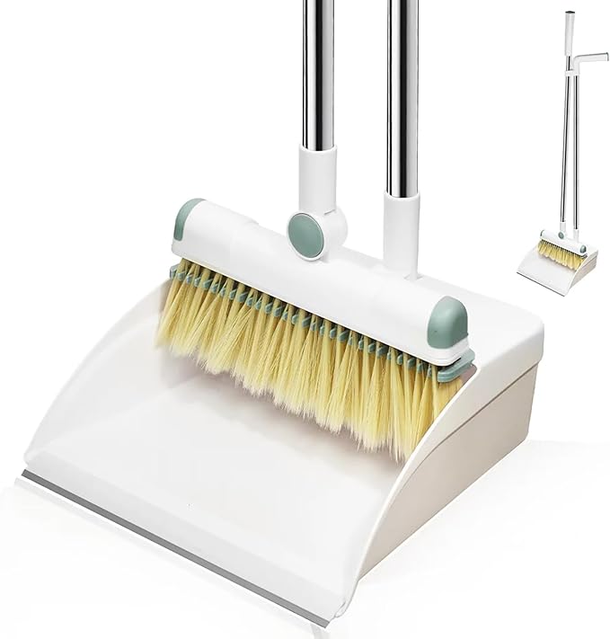Broom and Dustpan Set 50" Long Handle Foldable Stand Up Broom and Dustpan with Comb Teeth for Indoor & Outdoor Sweeping Home Dog Cat Pets (White)