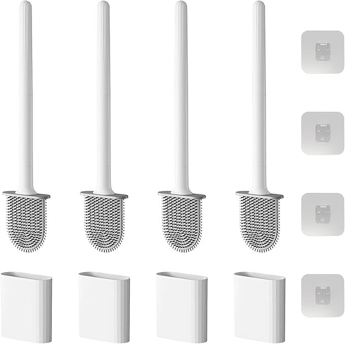 Toilet Bowl Brush and Holder Set, Flexible Silicone Bristles with Detachable Handle, Compact RV and Bathroom Toilet Brush (4 White)