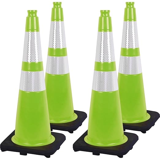 Fluorescent Orange/Green PVC Traffic Cones, Heavy Black Base Parking Lot Cone Structurally Stable Weatherproof Road Construction Safety Cones (4, Green, 28" Large)