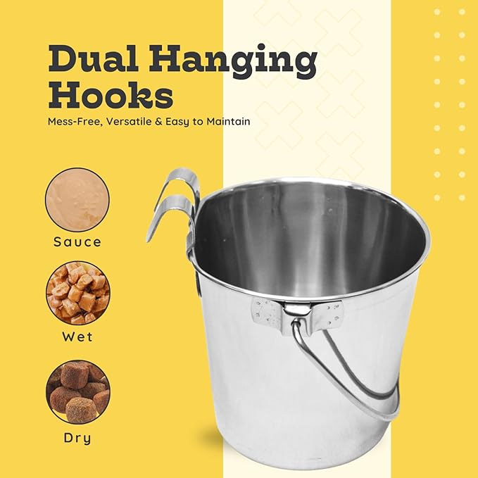 1 Quart Stainless Steel Flat Sided Bucket with Dual Hooks | Durable Food & Water Bowl for Dog Cat Bird & Small Animals | Fits kennel Cage Critter Crate Hanging Pet Pail | Multipurpose use