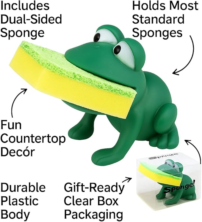 Frog Sponge Holder for Kitchen Sink – Cute Animal Design with Dual-Sided Sponge – Fun Novelty Gift for Counter, Sink, or Dishwashing – Dependable Industries Inc. Essentials