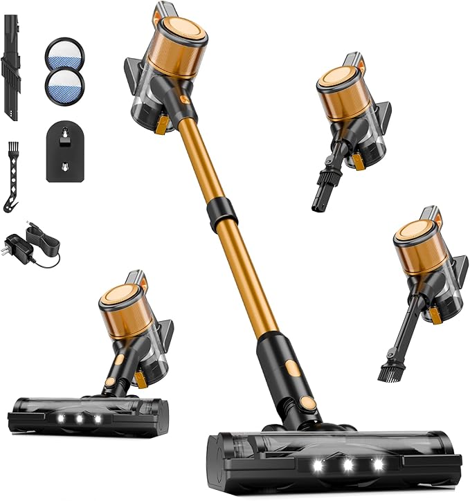 Vaconly Cordless Vacuum Cleaner, 8 in 1 40Kpa 55Mins,Lightweight Vacuum Cleaners for Home, Stick Vacuum with Anti-Tangle Brush,Wall Mount, Rechargeable Cordless Vacuum for Floor/Sofa/Pet Hair,Gold