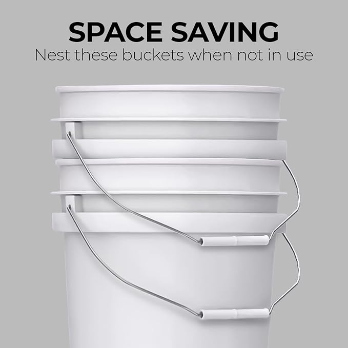 3.5-Gallon White Bucket Pail Container with Lid | Food Grade | Heavy-Duty Extra Durable | Metal Handles with Plastic Grip for Easy Carrying | Multi-Use | Easy Stack and Store | BPA Free - 5 Pack