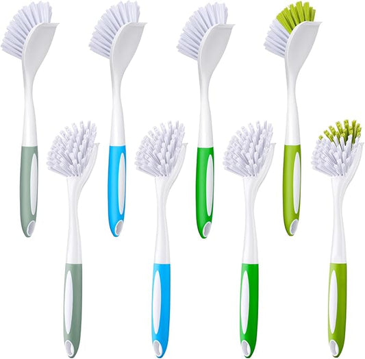 8 Pcs Dish Brush with Handle Kitchen Scrub Brush Pot and Pan Cleaning Brush Dish Scrubber with Stiff Bristle for Cookware Sink Washing Household, 4 Colors, 9.84 x 3.15 x 0.98 Inch