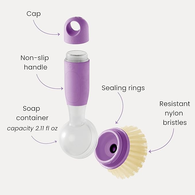 Vigar Rengo Soap Dispensing Dish Brush, Dish Brush with Soap Dispenser for Pot Scrubber, Dishes, Sink Cleaner, and Kitchen Essentials, Purple