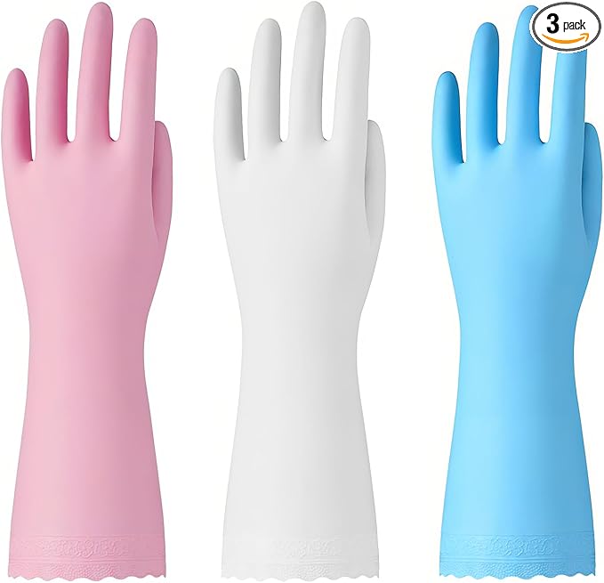 Bamllum Rubber Cleaning Gloves - 3 Pairs Latex Free Kitchen Cleaning Gloves with Cotton Liner- Household Dishwashing Gloves, Non- Slip Waterproof (Large, Blue+Pink+White)