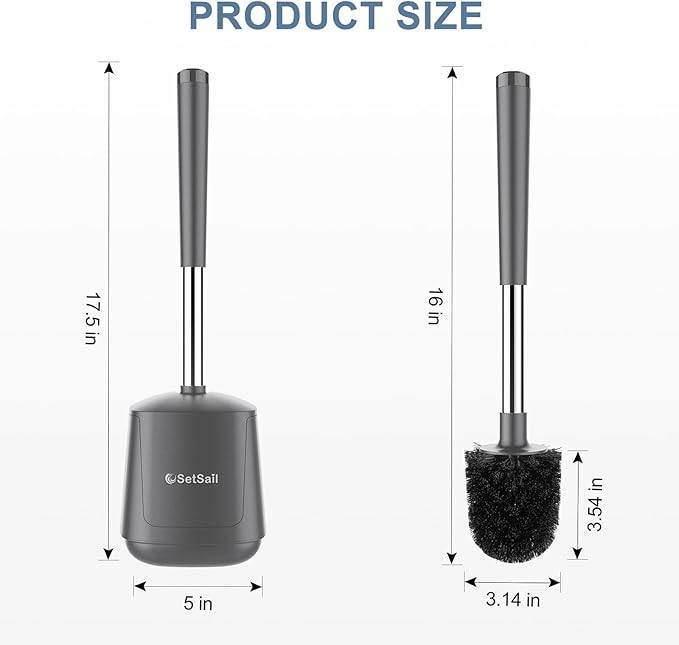 SetSail Toilet Brush and Holder 4 Pack, Self Closing Lid Toilet Bowl Brushes Holder Extra Long Handle Ventilated Toilet Brush Set for Bathroom Cleaning, Nylon Bristles, Grey