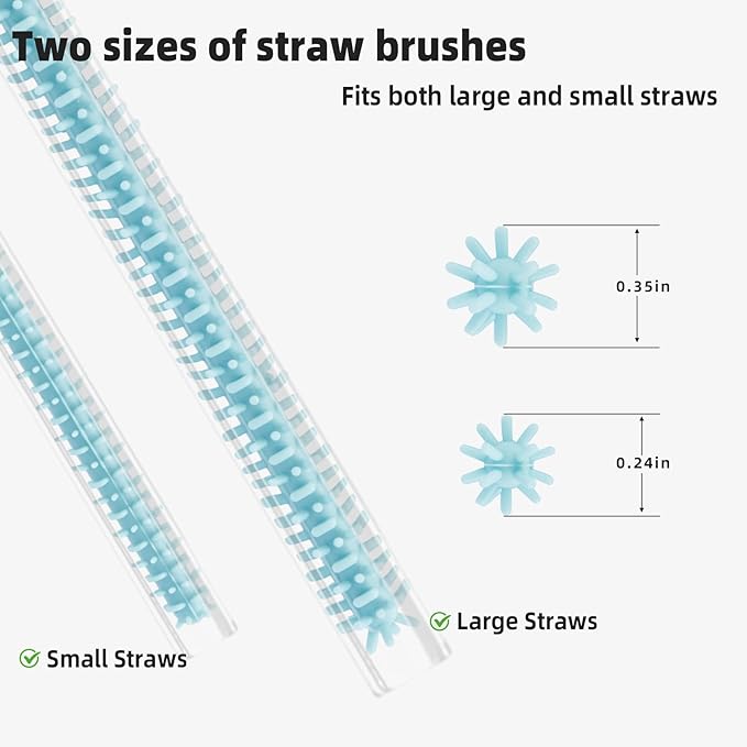 TenderBloom Silicone Straw Cleaner Brush, 4-Piece Reusable Straw Brush Set with Extra-Long Design for Cleaning Thin Metal Straws and Wider Milkshake Straws （6mm+9mm Blue)