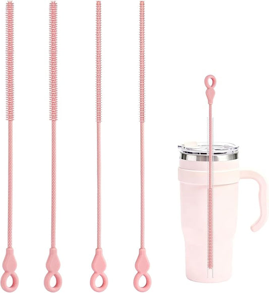TenderBloom Silicone Straw Cleaner Brush, 4-Piece Reusable Straw Brush Set with Extra-Long Design for Cleaning Thin Metal Straws and Wider Milkshake Straws （6mm+9mm Pink)