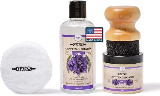 CLARK’S Cutting Board Oil and Wax Kit - Set includes Food Grade Mineral Oil (12oz), Finishing Wood Wax (6oz), Applicator Sponge & Buffing Pad, Enriched with Food Safe Lavender and Rosemary Extract