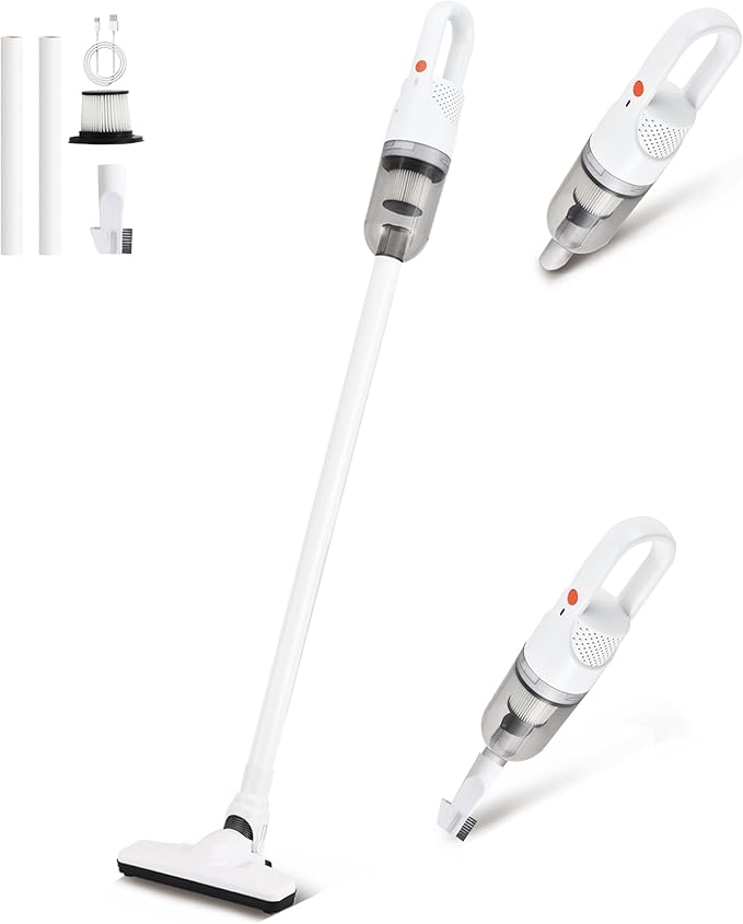 SIPPON 6-in-1 Lightweight Stick Vacuum Cleaner with 100W Powerful Motor, Mini Portable Household Handheld Vacuum Cleaner for Domestic Hard Floors, Carpets and Pet Hair (White Cordless Without Plug)