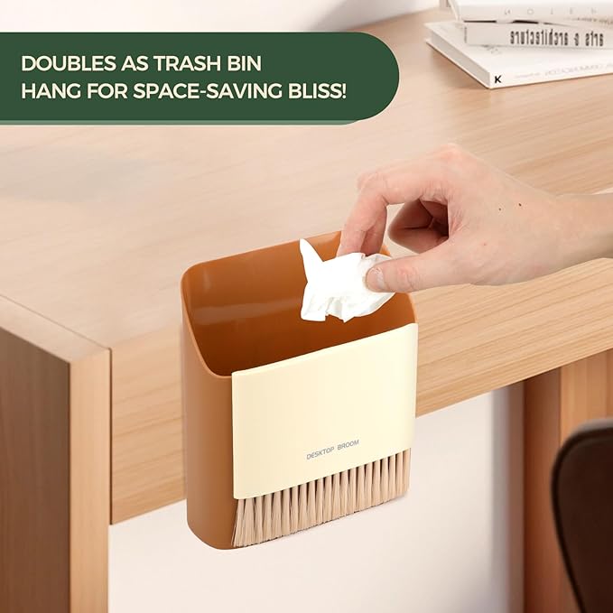 SAYAPE Small Broom and Dustpan Set, Portable Hand Whisk Broom Brush, Mini Hanging Trash Can, Soft Bristle Household Brooms with Dust Pan Combo Set for Cleaning Home, Desktops - 2 Pack (Gray+Orange)