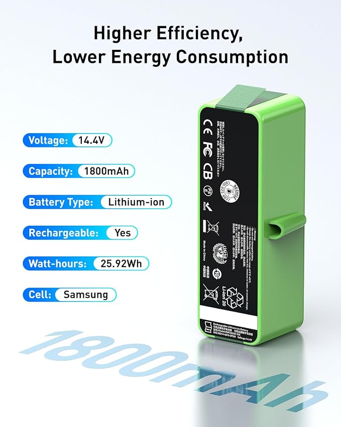 1800Li Replacement Battery for iRobot Roomba, Imported battery Replacement for Roomba 900 800 700 600 Series, for 960 965 970 980 981 801 805 850 860 877 890 891 895 780 790 614 615 640 665 670 675