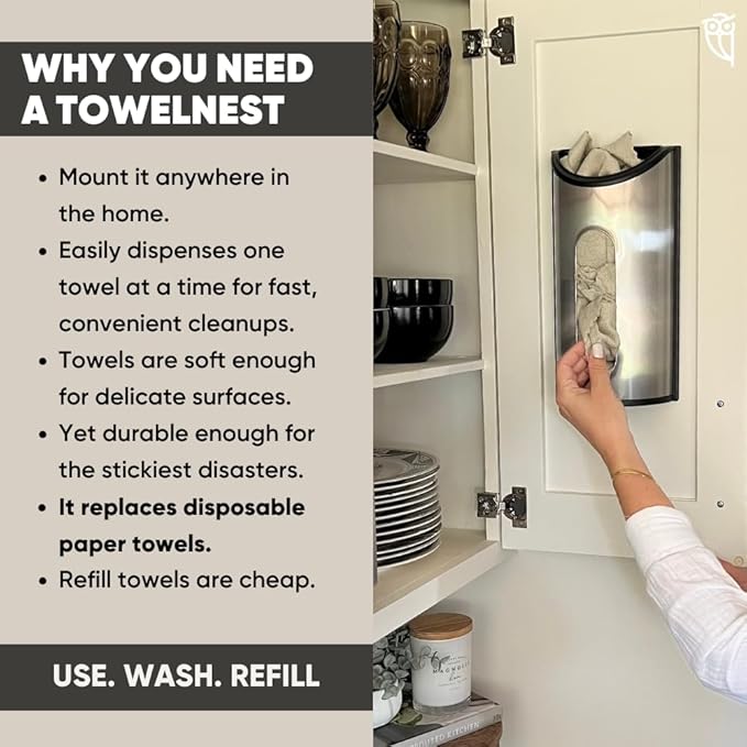 TowelNest Microfiber Cloth Dispenser | 15 Reusable Cloths (Slate Blue) | Eco-Friendly Paper Towel Alternative | Absorbent & Washable | Wall/Cabinet Mount (3M Adhesive & Screws Included)