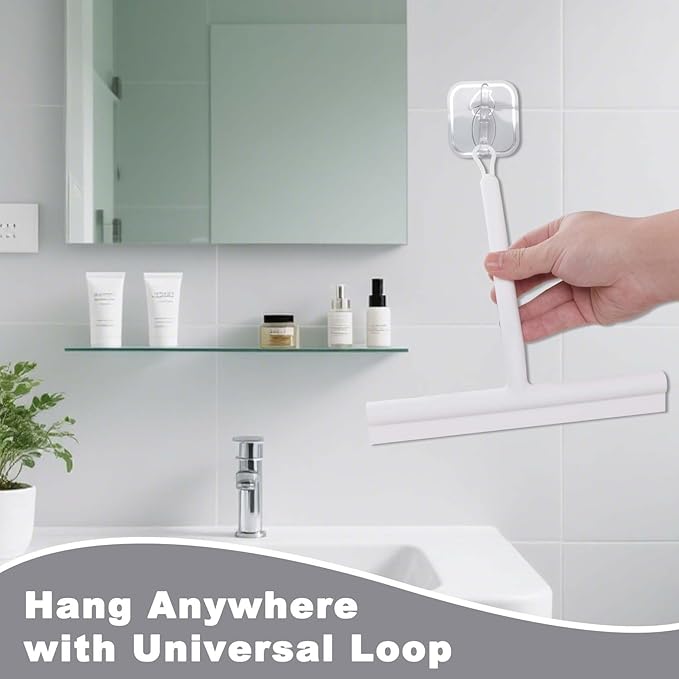 DEOFUXT Squeegee for Shower Glass Doors, Resilient Loop - No-Drill & Adhesive Hook, Silicone Shower Squeegee with Stainless Steel Core, Cleaning Tool for Home, Kitchen, Bathroom & Car - White