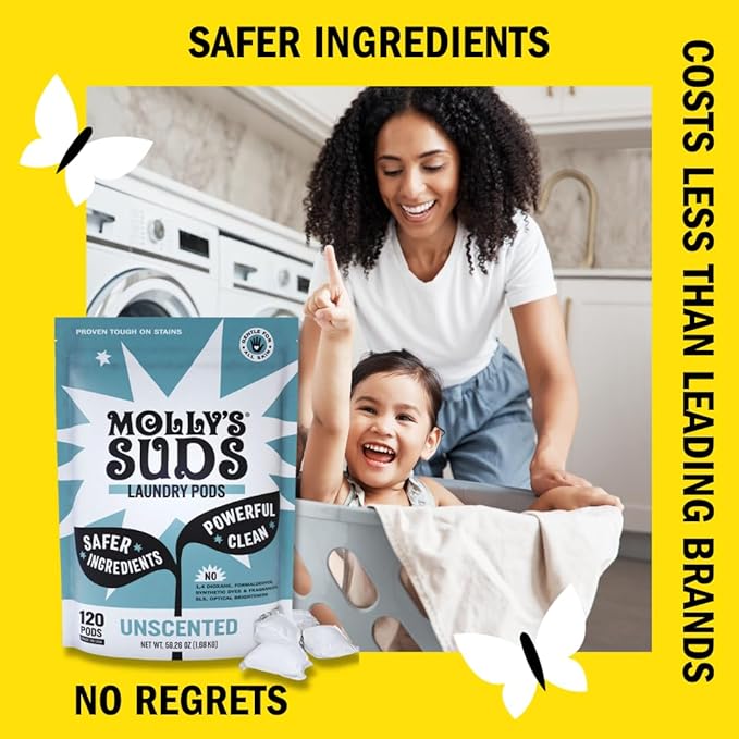 Molly's Suds Laundry Detergent Pods | Clean Detergent for Sensitive Skin | Ultra Concentrated and Stain Fighting | Unscented - 120 Count (Value Pack)