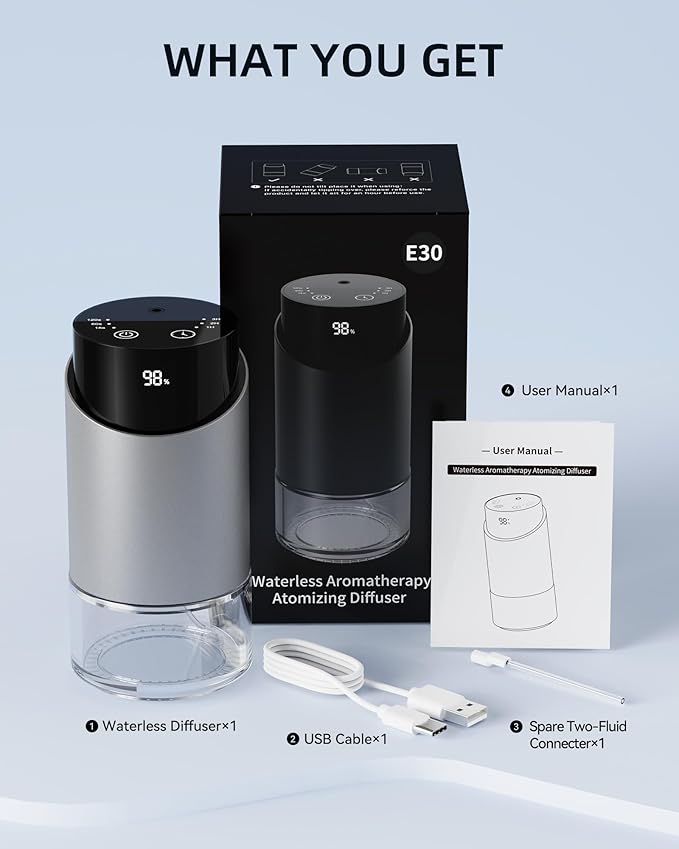 Waterless Essential Oil Diffuser Aromatherapy Scent Diffusers for Home Large Room, Bedroom, Car, Office, Desk, Battery Operated Mini Portable Air Freshener, 3 Countdown Timers & 3 Mist Levels