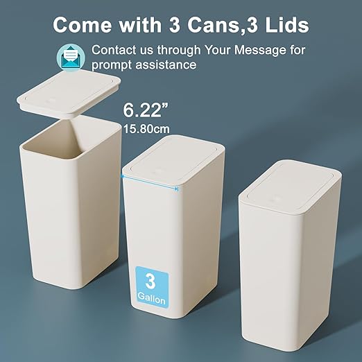 N. NETDOT 3 Pack Small Trash Can with lid, 3 Gallon Bathroom Trash Can,Garbage Can Slim Trash Bin Waste Basket for Bathroom,Kitchen,Bedroom,Living Room,Office,Laundry - Off White