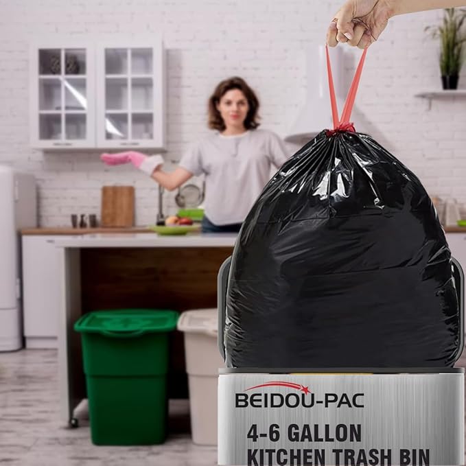 4-6 Gallon Trash Bags Drawstring, 75 Count Bulk, Black & Unscented Multi-purpose Garbage Bags for Business Home Bathroom Kitchen Commercial and Industrial