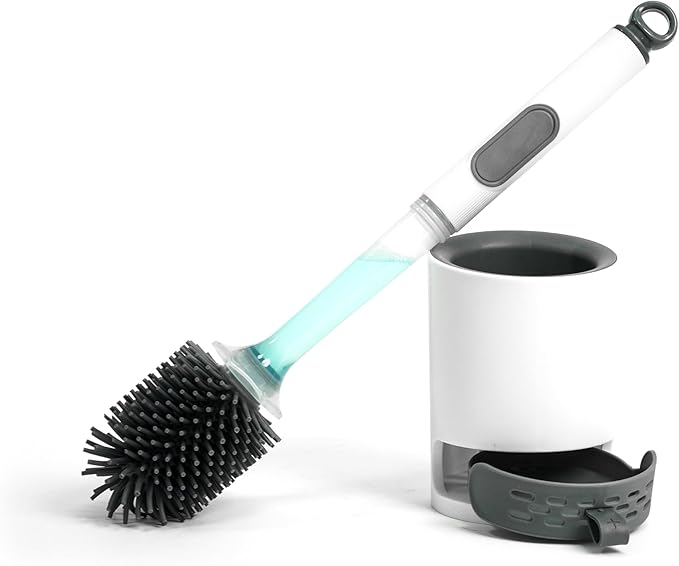 REDANT Toilet Brush and Holder Set, Silicone Toilet Bowl Brush/Cleaner Scrubber, Reusable Bathroom Cleaning Supplies with Cleaners Dispenser, Drip-Proof, Apartment/rv Essentials, Grey, 1PCS