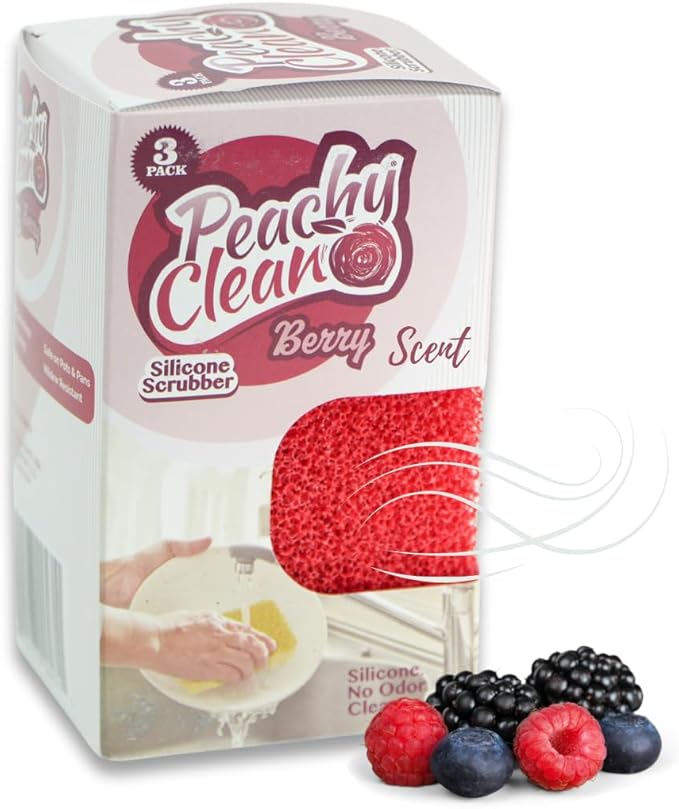 Peachy Clean Silicone Dish Sponge Scrubbers, Fresh Berry Scent, Non-Scratch, Odor-Resistant, Durable Dish Sponges for Kitchen.