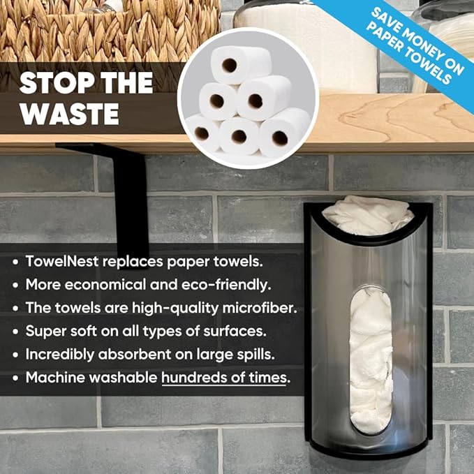 TowelNest Microfiber Cloth Dispenser | 15 Reusable Cloths (Beige) | Eco-Friendly Paper Towel Alternative | Absorbent & Washable | Wall/Cabinet Mount (3M Adhesive & Screws Included)