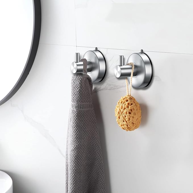 DGYB Suction Cup Hooks for Shower Set of 4 Brushed Nickel Towel Hooks for Bathrooms SUS 304 Stainless Steel Shower Hooks for Loofah 15 Lb Bathroom Hooks for Towels