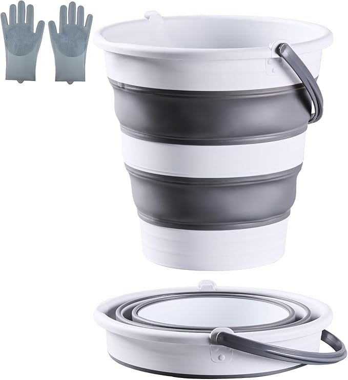 10L /2.6 Gal Large Collapsible Bucket with Handle - Portable Silicone Mop Bucket for Cleaning, Camping, Car Washing - Space-Saving for Outdoor, Fishing, Household – Pair of Silicone Gloves for Free