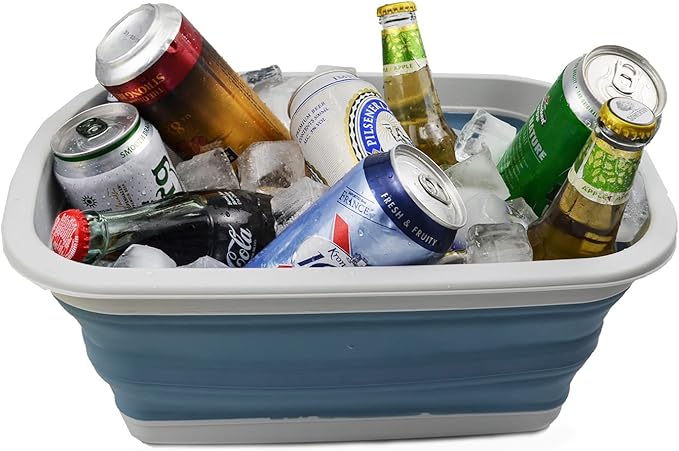SAMMART 10L (2.6 Gallon) Collapsible Tub-Foldable Dish Tub-Portable Washing Basin-Space Saving Plastic Washtub (Grey/Steel Blue, 1)