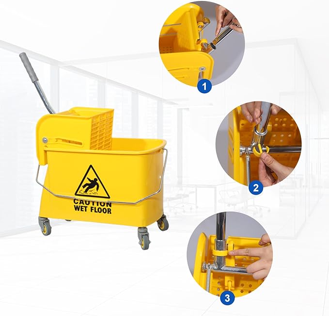 Midoneat Mop Bucket with Wringer, 22 Qt (5.5 Gallon), Handle, Wheels,Floor Cleaning, 16.5" L x 10.6" W x 26.4" H, Yellow,Add One Cotton Mop
