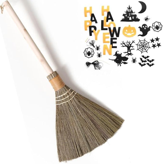 Handmade Vietnamese Straw Broom, Single Handle – Free Halloween Decoration Set, Witch Broom for Costume, Haunted House & Indoor Decor, Soft Grass Whisk Broom for Sweeping or Display