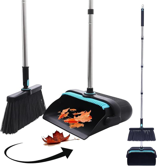 Heavy Duty Broom and Standing Dustpan Combo Set, Rotatable Head Dust Pan and Brush Set with Collapsible Handle, Cleaning Teeth, Hanging Loop, Ideal for Pets, RV, Kitchen, Camping, Outdoor Floor, Black