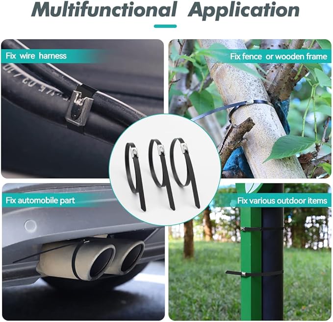 Metal Zip Ties Black 20 inch 304 Stainless Steel Epoxy Coated Locking Cable 220LB 500mm 100pcs Heavy Duty Exhaust Wrap Multi Purpose Binding for machinery, vehicles, farms, cables, pipes,Fence