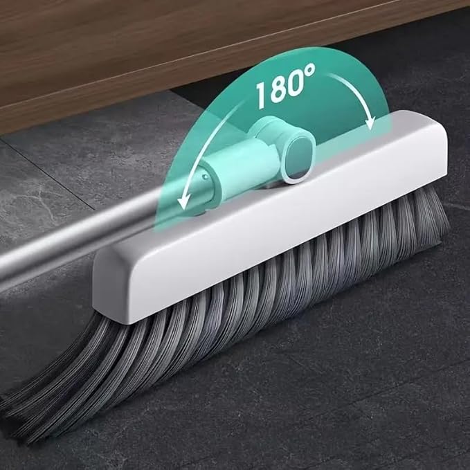 4-in-1 Broom and Dustpan Set with Floor Brush, White Stainless Steel Long Handle, Upright Standing Design for Home Office Kitchen, Squeegee Cleaning Tools Combo