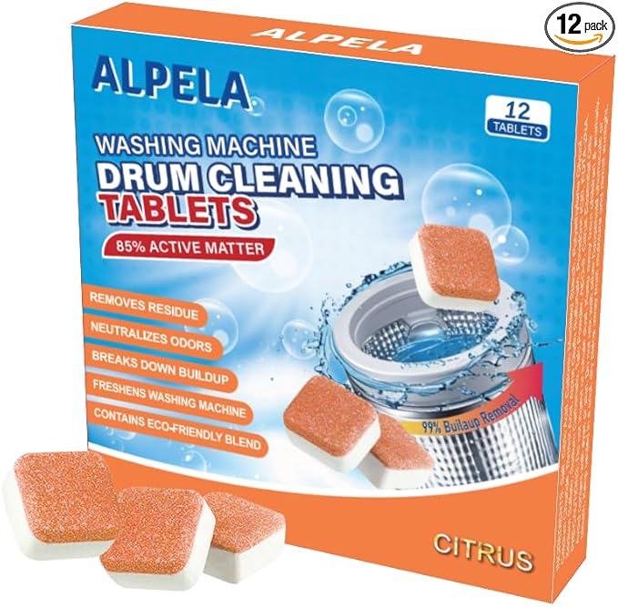 ALPELA Washing Machine Cleaner Descaler | Deep Cleaning Tablets For HE Front & Top Load Washer, Septic Safe Eco-Friendly Deodorizer, Clean Inside Drum and Laundry Tub Seal (Citrus Scent - 12 Count)
