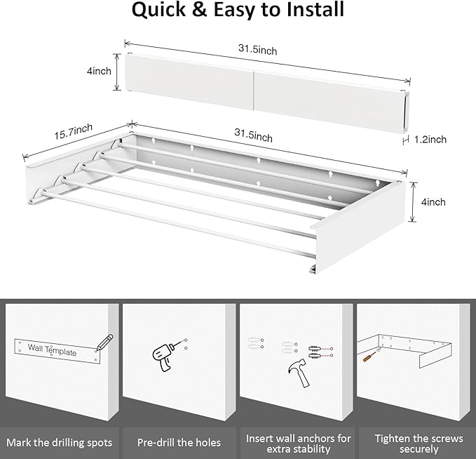 Laundry Drying Rack, Collapsible Wall Mounted Clothes Drying Rack - Drying Rack Clothing Foldable,Space Saving, 31.5" Wide, 13.2 Linear Ft, 5 Aluminum Rods, 60 lb Capacity (White, 31.5")