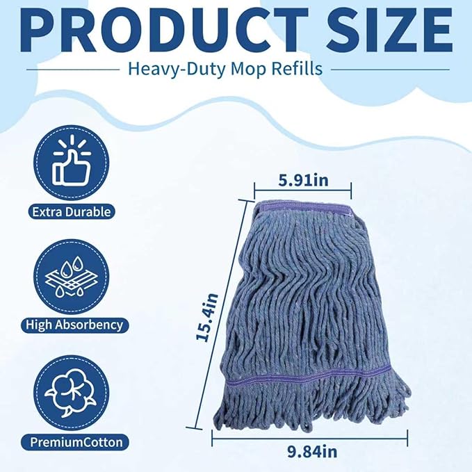SLNNROA Blue Commercial Mop Head Replacement , Heavy-Duty Reusable and Washable Loop End Mops for Industrial Floor Cleaning on Hardwood and Concrete (4 Pack)