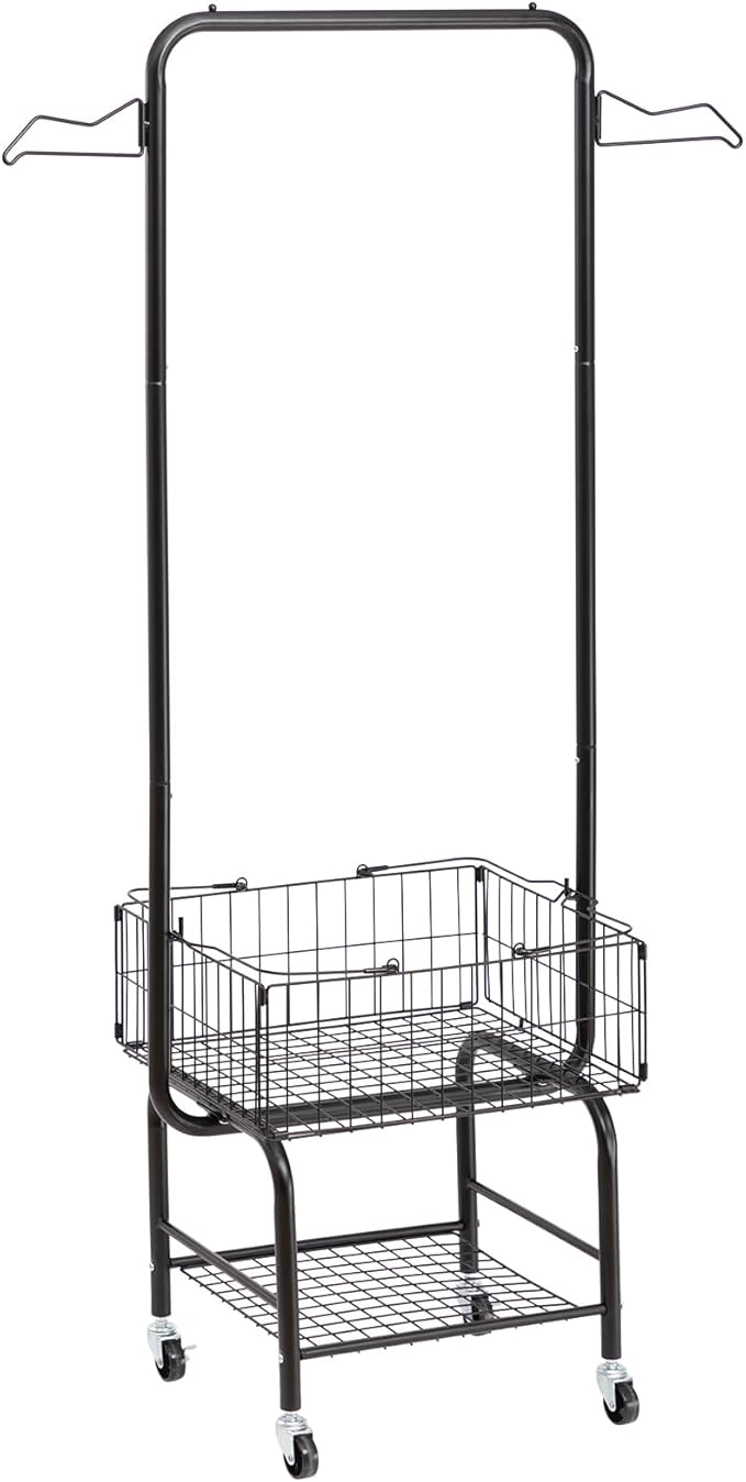 ALIMORDEN Laundry Cart with Clothes Rack, Cart with Extra Hanging Bar, Rolling Laundry Butler with Wire Storage Rack，Black