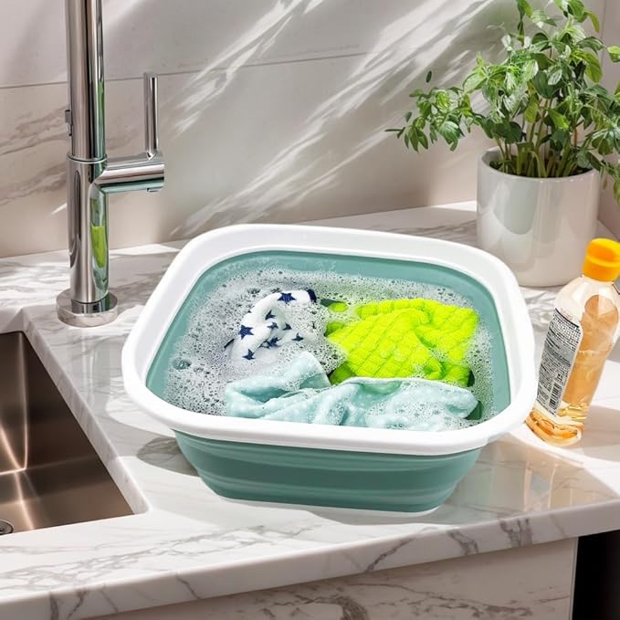 SAMMART 5.5L (1.4 Gallons) Collapsible Tub - Foldable Dish Tub - Portable Washing Basin - Space Saving Plastic Washtub (White/Pale Blue)