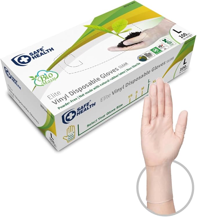 Safe Health Biomass Eco-Friendly Vinyl Disposable Gloves, USDA Certified Biobased Product, Latex Free, Powder Free, Clear, Box of 100, Large, 3 mil