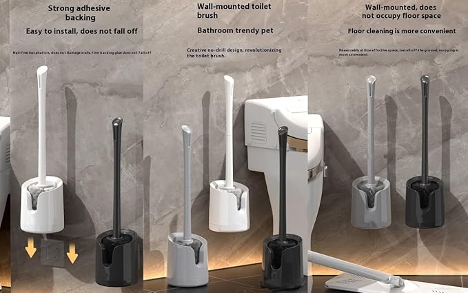 Wall-Mounted Toilet Brush Holder Set - No-Drill Adhesive & Drip-Free Tray, Space-Saving Bathroom Organizer, Deep Clean Brush with Under-Sink Storage (White)